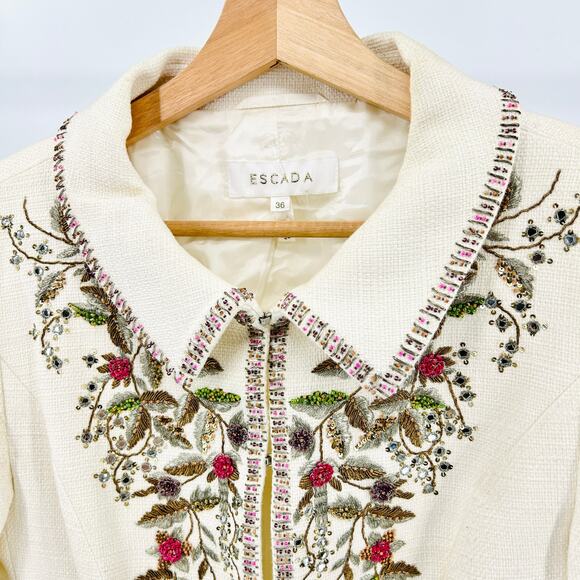 Vintage 90s Escada Ivory Elegant Cream Beaded Linen Cotton Skirt Suit - Picture 2 of 10